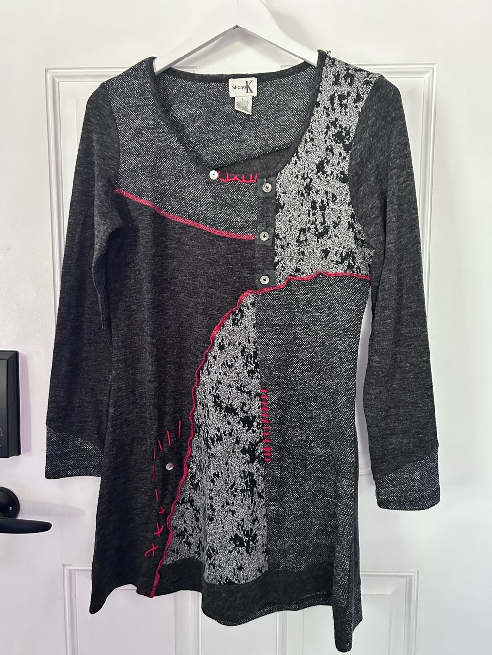 Shana K Long Sleeve Patchwork Tunic - Charcoal with Pink Accents